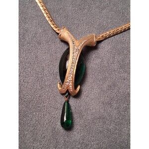 Vintage Emerald Glass Necklace Drop Rhinestones Bold Chunky